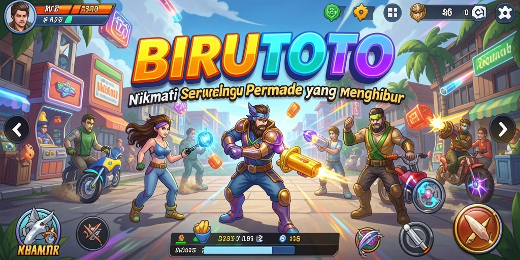 Tampilan gameplay seru BIRUTOTO dengan karakter dan level berwarna-warni.