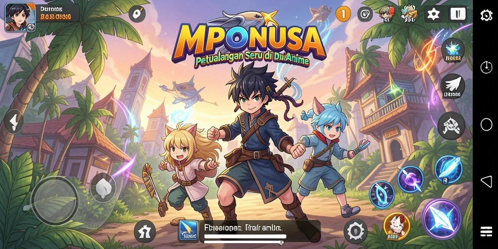 Tampilan gameplay MPONUSA yang penuh warna dan karakter anime yang menarik.