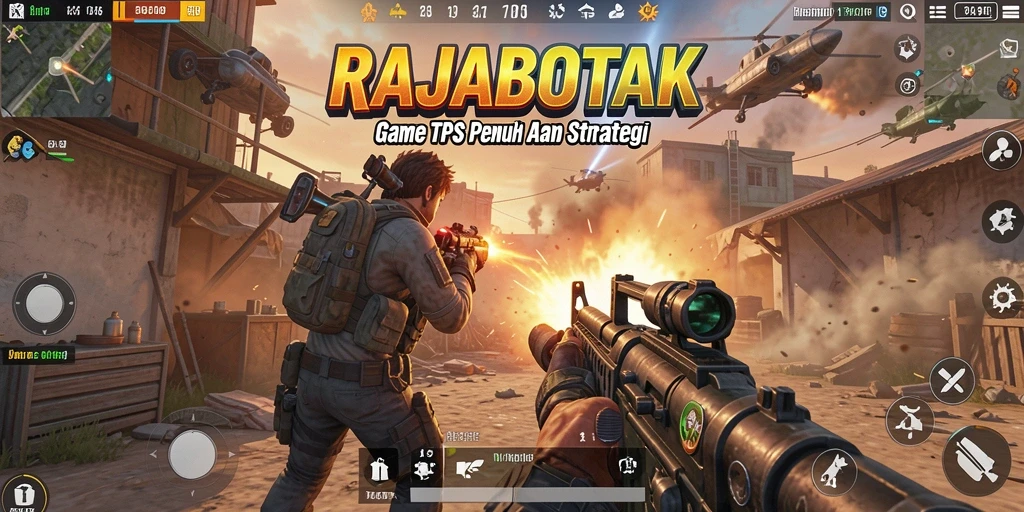 Screenshot utama RAJABOTAK yang menampilkan pertempuran intens TPS.